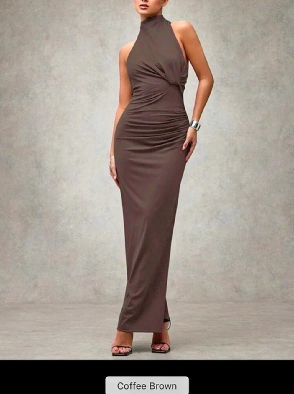 Brown Ruched Hater Neck Slit Back Maxi Dress